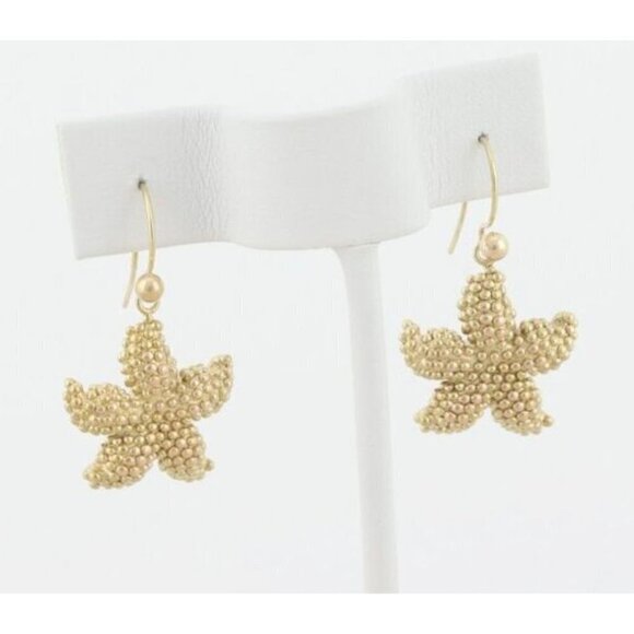 10k Yellow Gold Puffy Starfish Seashell Earrings Dangle Drop - Picture 5 of 7